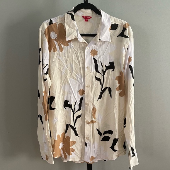 Guess Neutral Color Modern Floral Button Down Shirt Long Sleeve Size Large - Picture 1 of 5